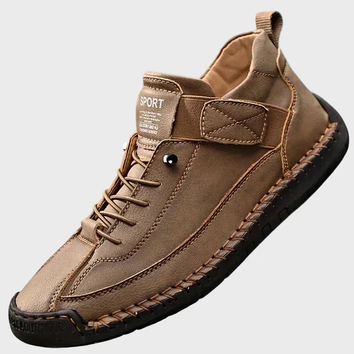 Brown faux leather lace-up sneakers with ankle strap and dark rubber sole