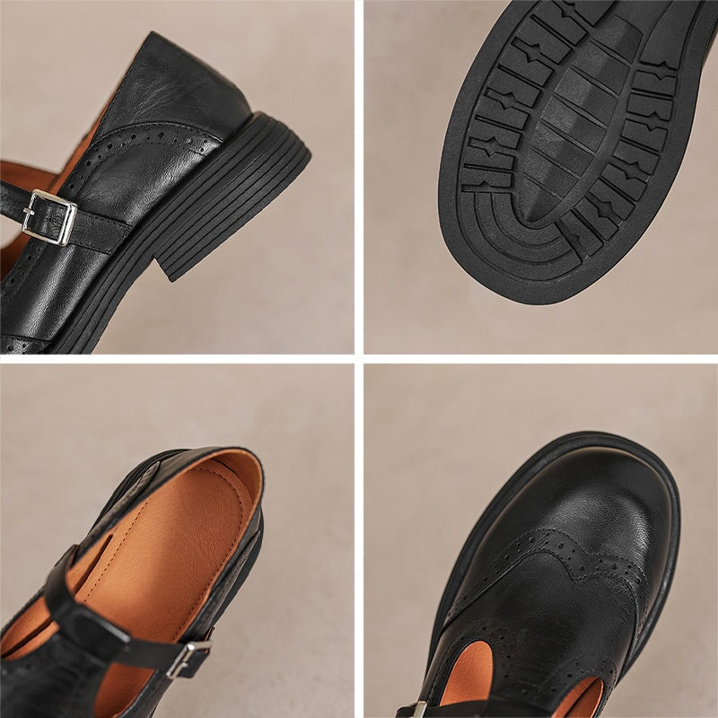 Black leather Mary Jane flat: buckle strap, outsole tread, and interior lining details.