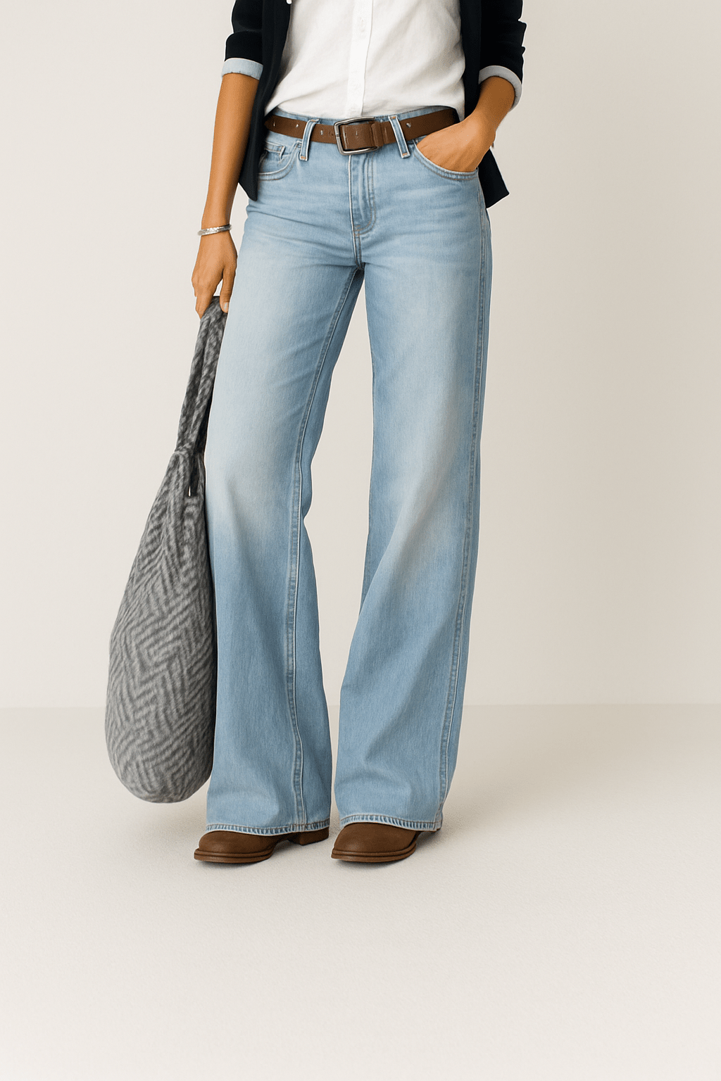 Women's light-blue mid-rise wide-leg jeans, relaxed straight fit to full length