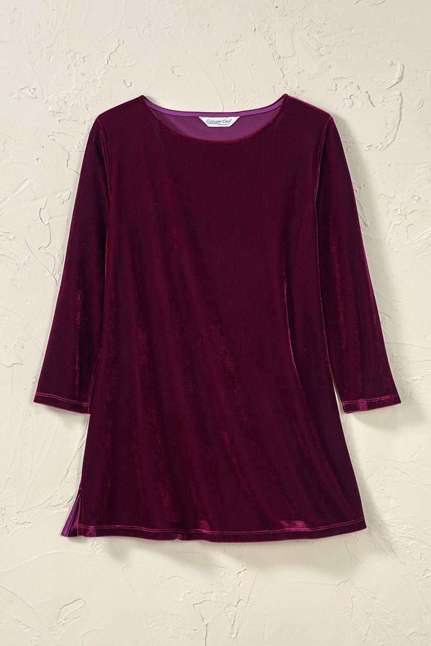 Purple velvet tunic top for women, crew neck, three-quarter sleeves, loose swing hem.