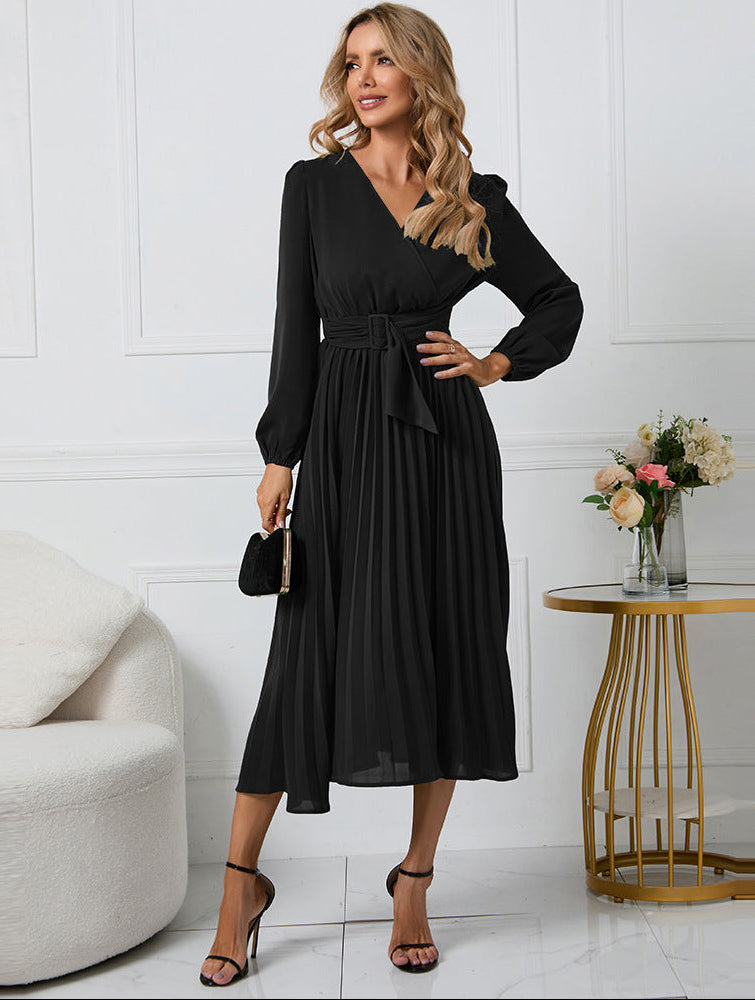 Black long-sleeve midi dress with V-neck and gathered waist, pleated skirt