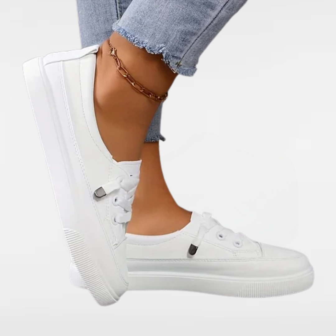 Women’s white chunky platform lace-up sneakers in faux leather, side view with ridged sole.