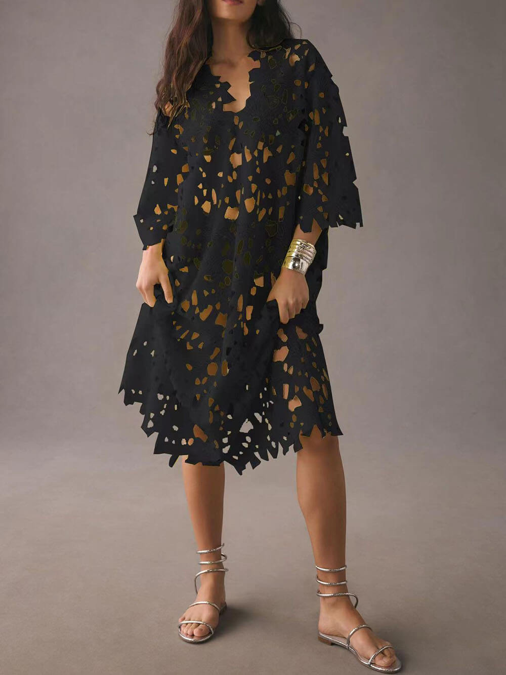 Black guipure lace kaftan maxi dress with V-neck, hollow-out floral cutouts, scalloped hem