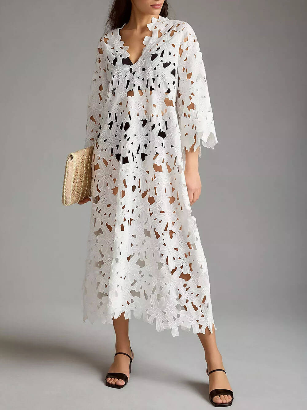 White guipure lace kaftan maxi dress with V-neck, hollow-out floral cutouts, scalloped hem