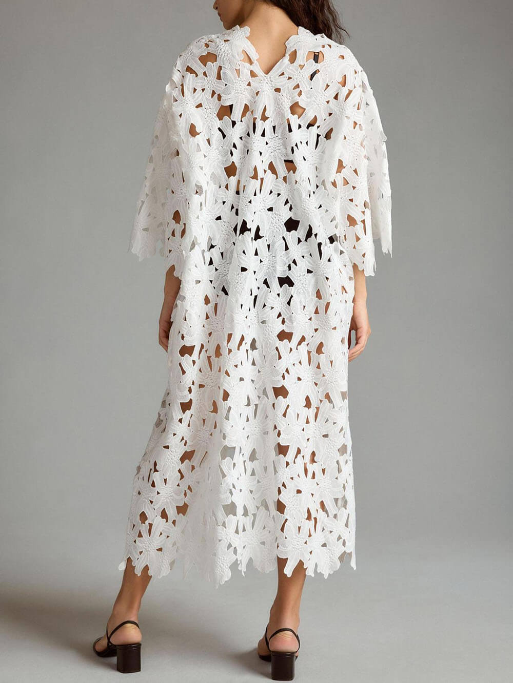 White guipure lace kaftan maxi dress with V-neck, hollow-out floral cutouts, loose fit