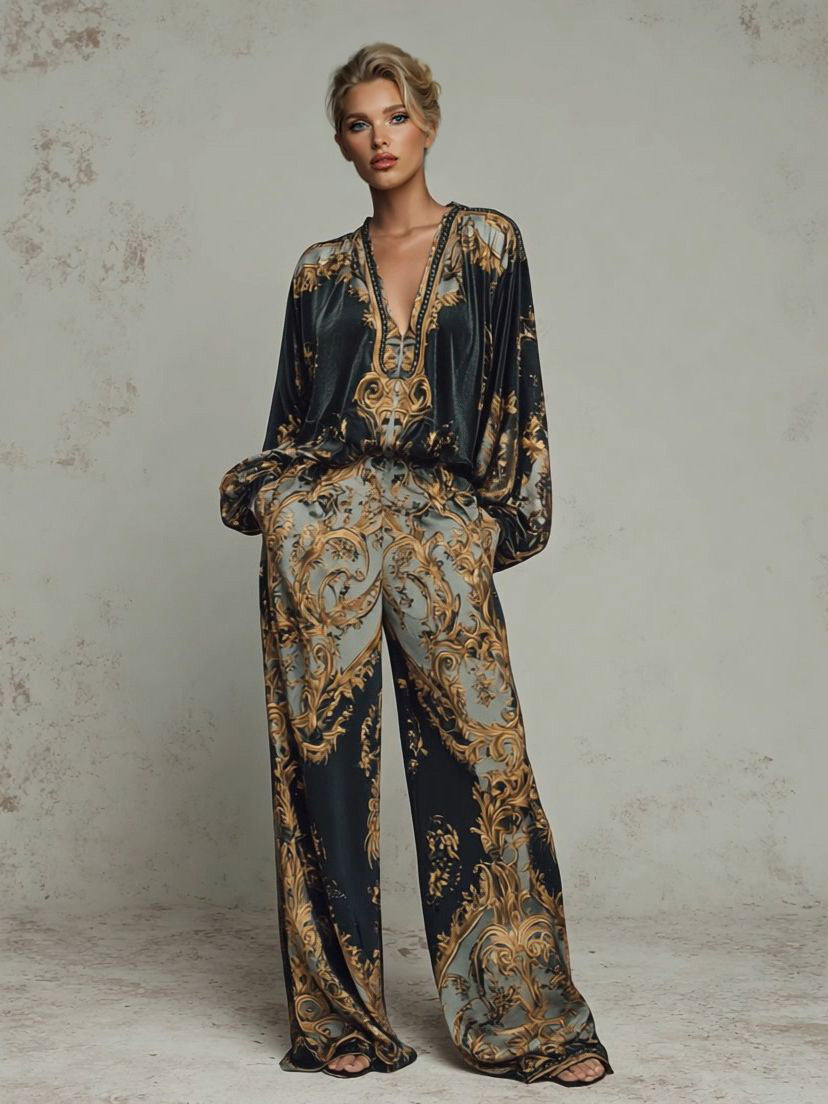 Black satin lounge set with gold-and-cream baroque print: V-neck blouse and wide-leg trousers