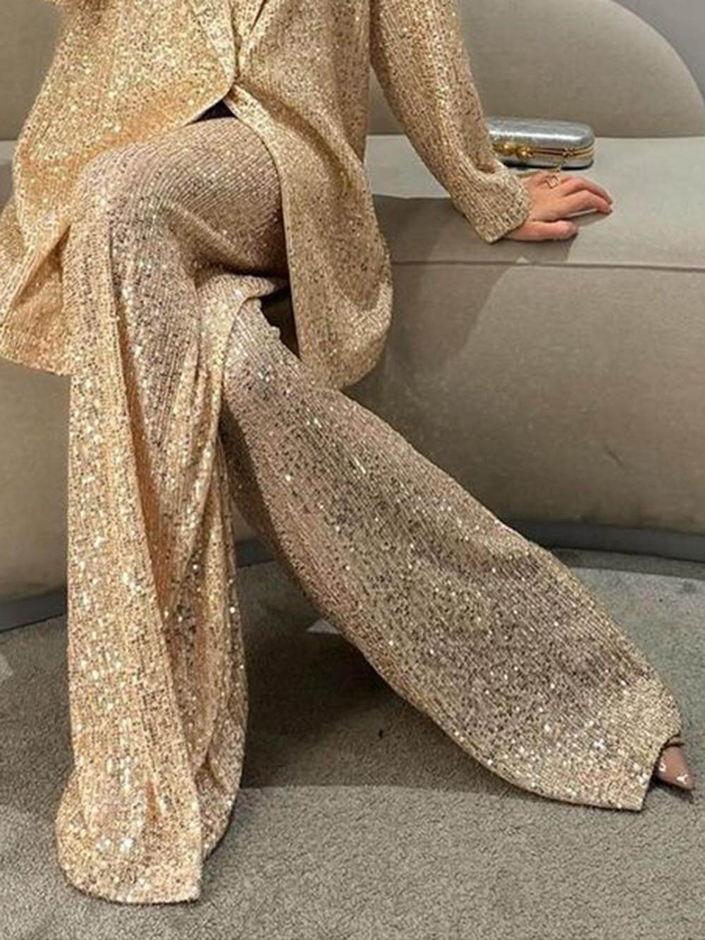 Gold sequin longline blazer with open front and wide relaxed trouser-like hem