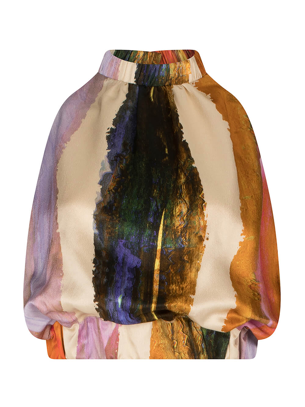 Abstract print satin halter-neck maxi dress with gathered high neck and blouson bodice