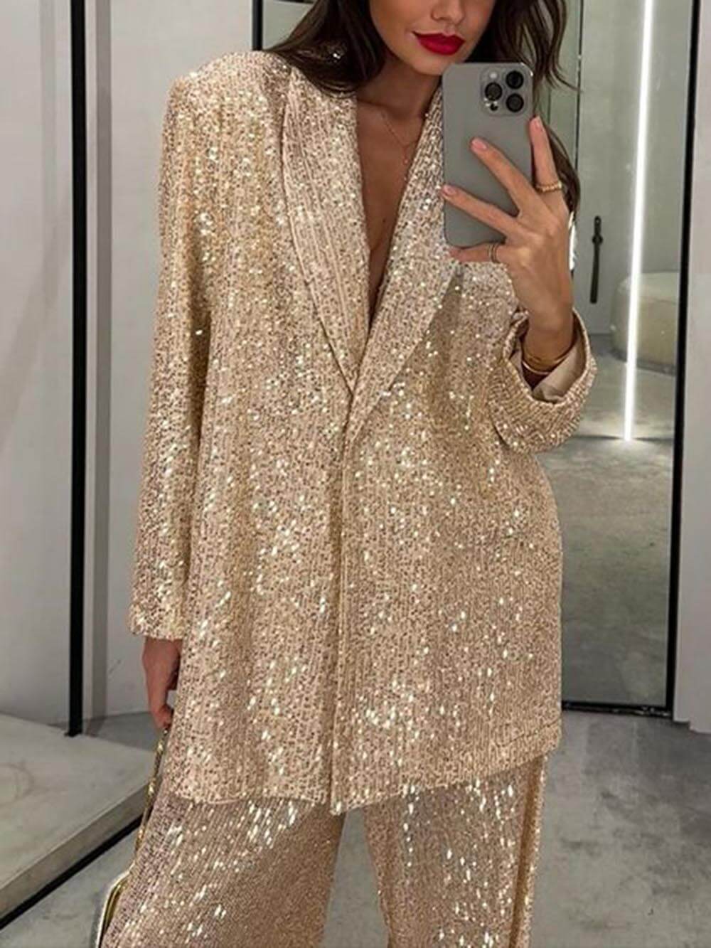 Gold sequin longline blazer with open V-neck and relaxed oversized fit