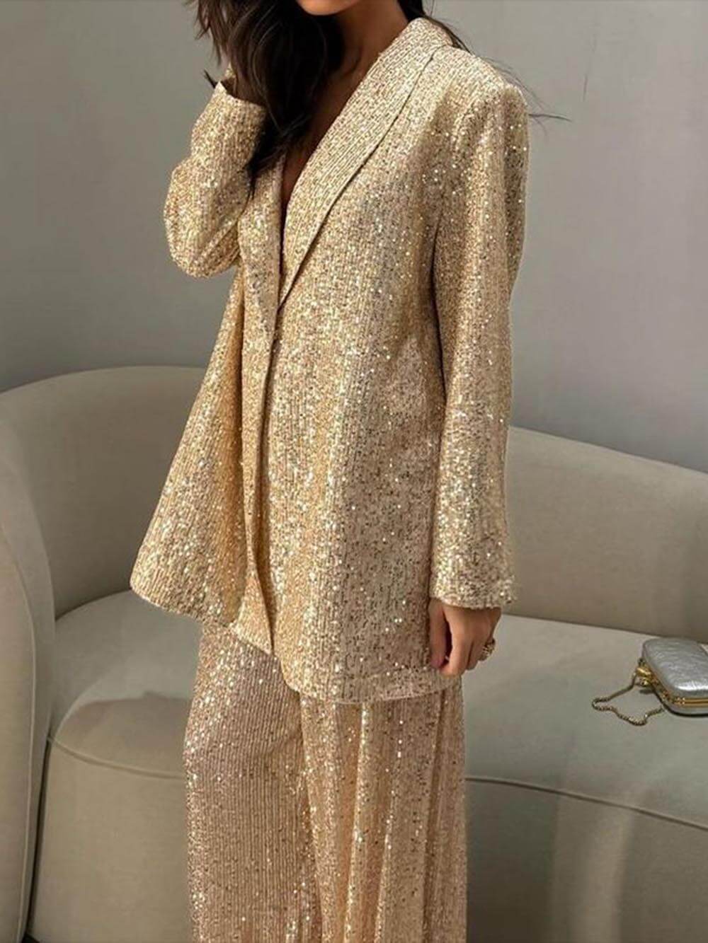Gold sequin longline blazer with tailored lapels and oversized relaxed fit