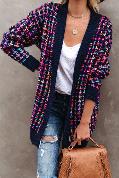 Purple-and-navy multicolor knit cardigan with open front, long sleeves and textured pattern