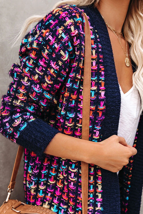 Purple-and-navy multicolor knit cardigan sleeve detail, open front and ribbed trim