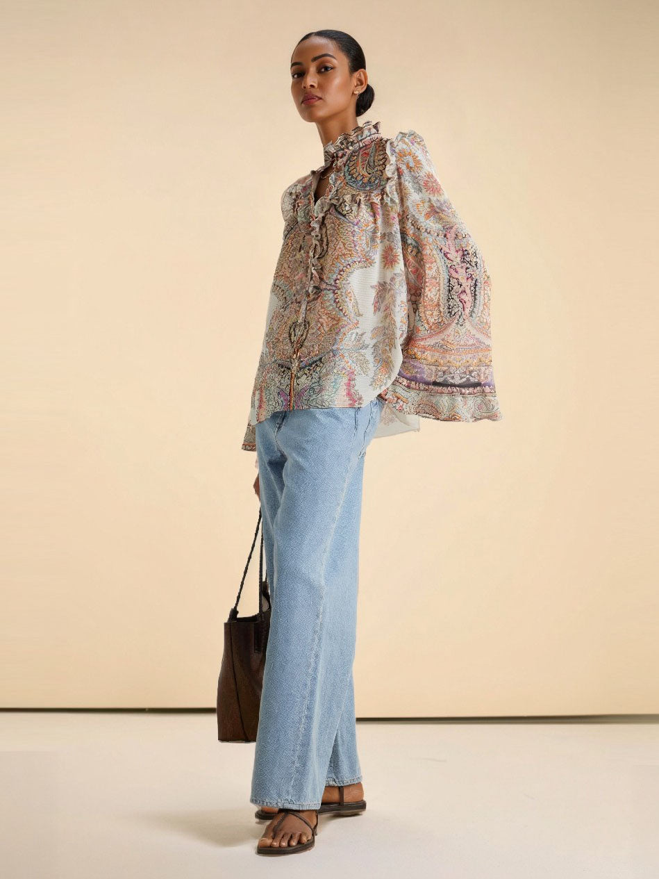 Cream paisley blouse with long bell sleeves, ruffle V-neck, flowing silhouette