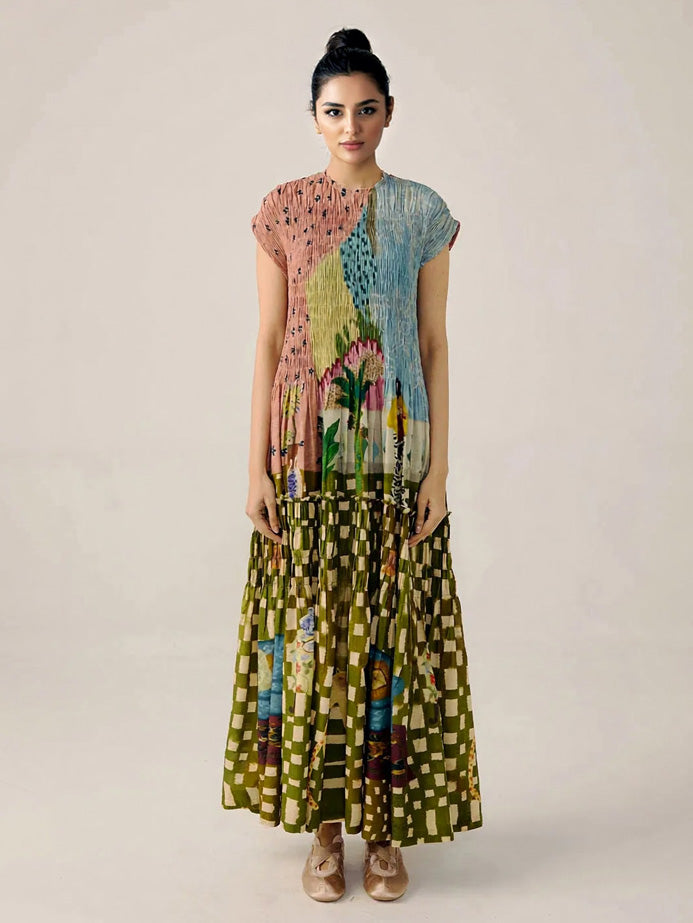 Multicolor chiffon maxi dress with cap sleeves, pleated tiered skirt, mixed prints