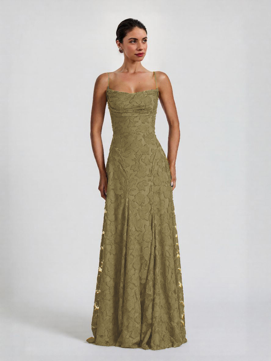 Spaghetti strap olive green maxi dress with floral lace appliqué and fitted bodice