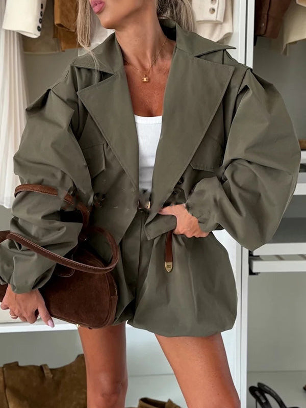 Army green high-waist cotton paperbag shorts with belt tie and rounded pleated legs