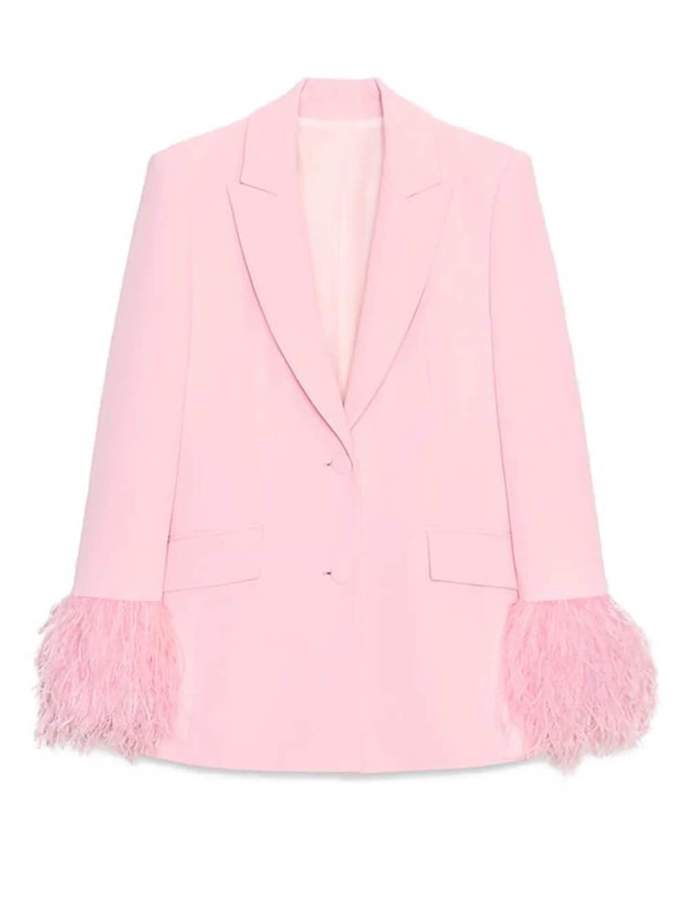 Pink crepe blazer laid flat, with notched lapels and feather-trim cuff accents