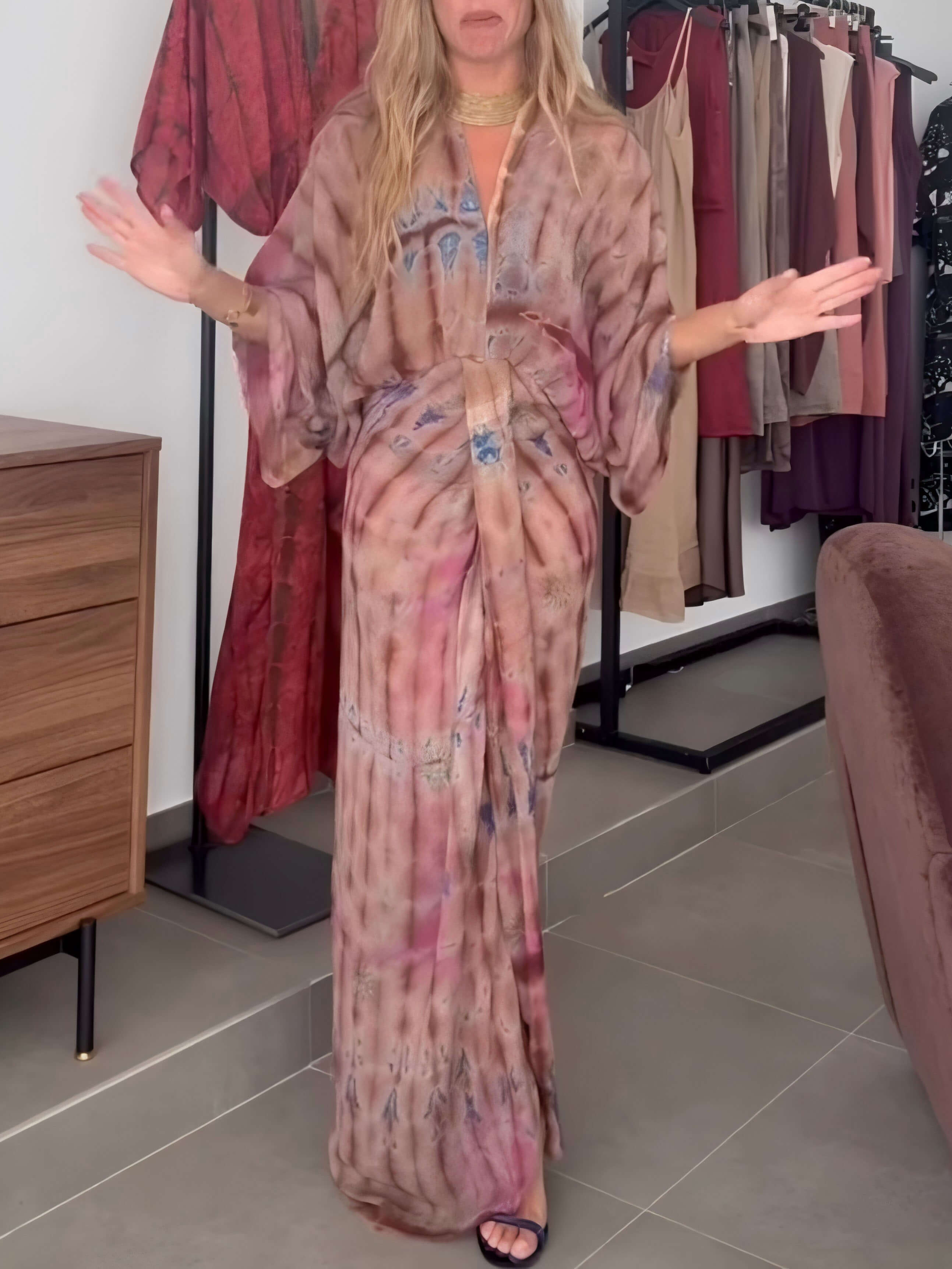 Beige and pink boho print maxi dress with V-neck and flowing kimono sleeves