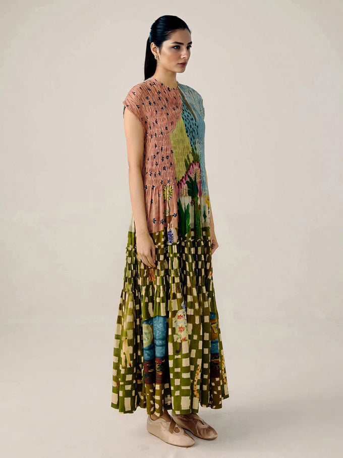 Multicolor chiffon maxi dress with cap sleeves and pleated tiered skirt, mixed print