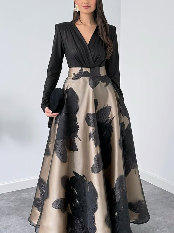 Black organza V-neck long-sleeve maxi dress, A-line skirt with black-and-beige floral print
