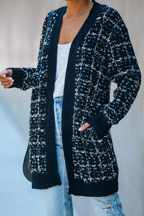 Navy speckled knit cardigan, open front with long sleeves and ribbed cuffs