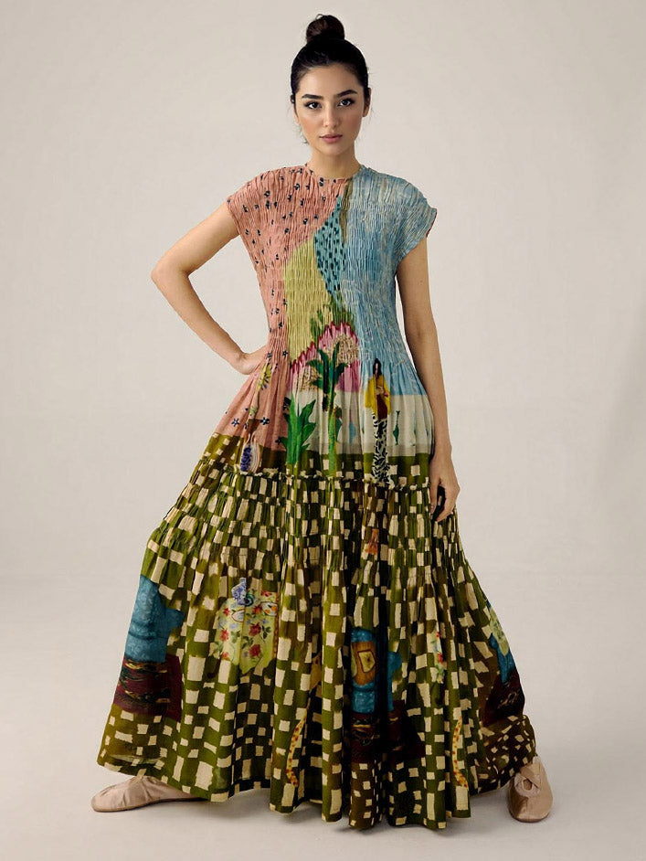 Multicolor chiffon pleated tiered maxi dress with cap sleeves, mixed print panels