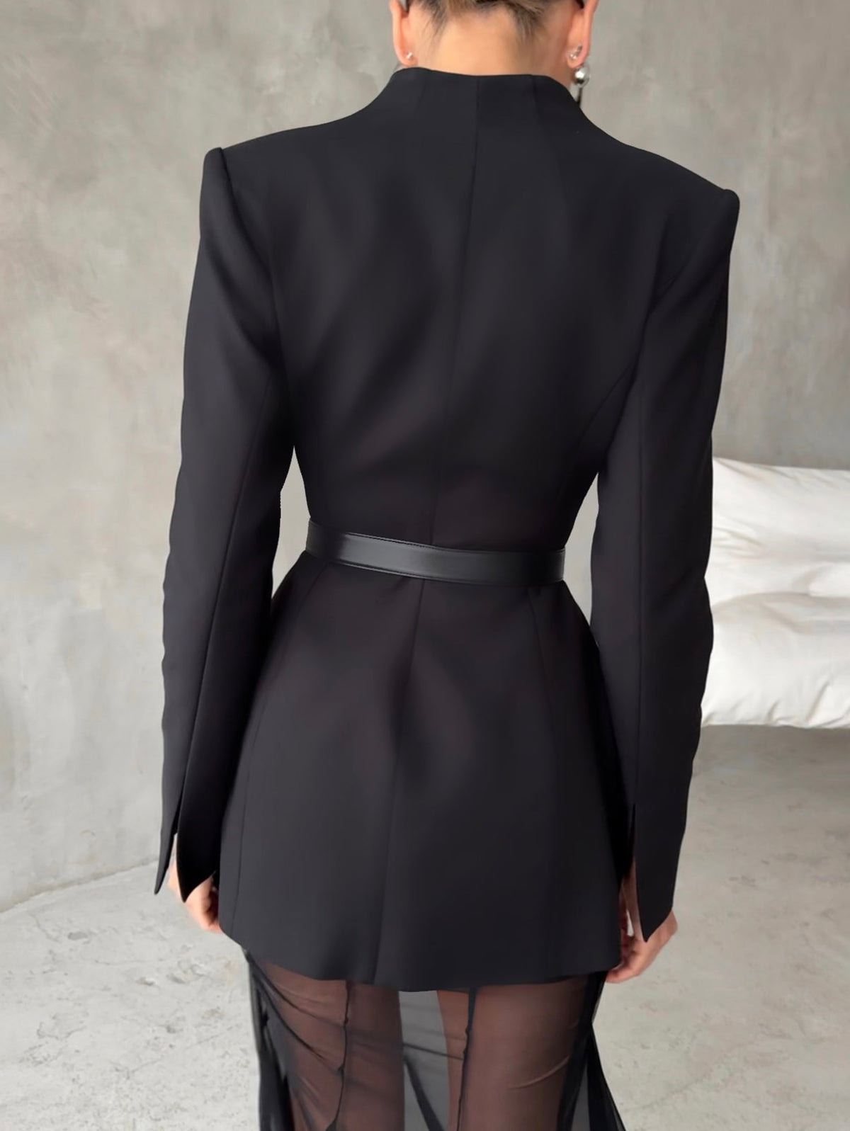 Black sheer mesh high-waist flare trousers with fitted waistband