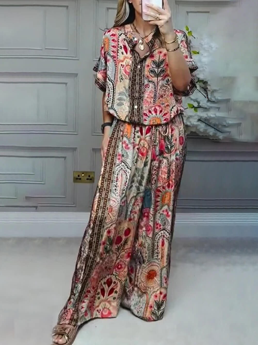 Red short-sleeve boho paisley blouse with button-front and gathered waist