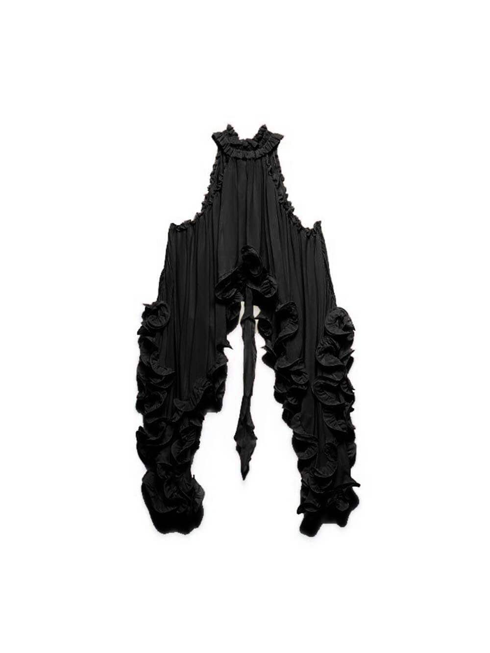 Black chiffon mini skirt with ruffles, 3D floral appliqué, and asymmetric hem