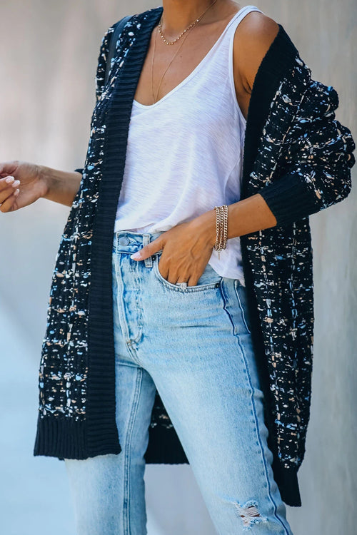 Dark navy knit cardigan with speckled white texture, open front and long sleeves