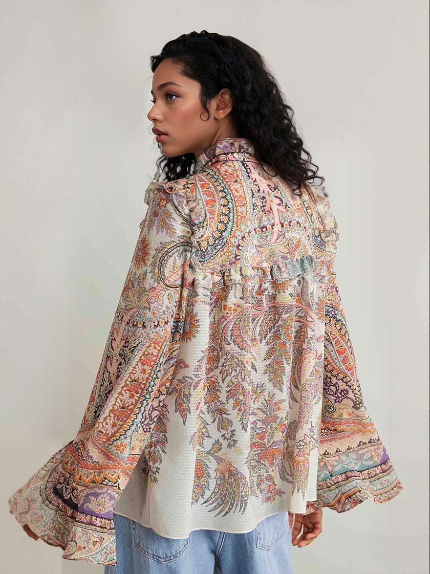 Paisley chiffon blouse with long bell sleeves and ruffle trim V-neck