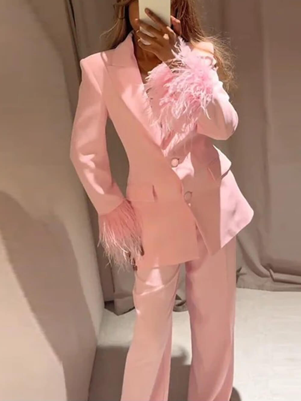 Pink crepe single-breasted blazer with feather-trim cuffs and button front