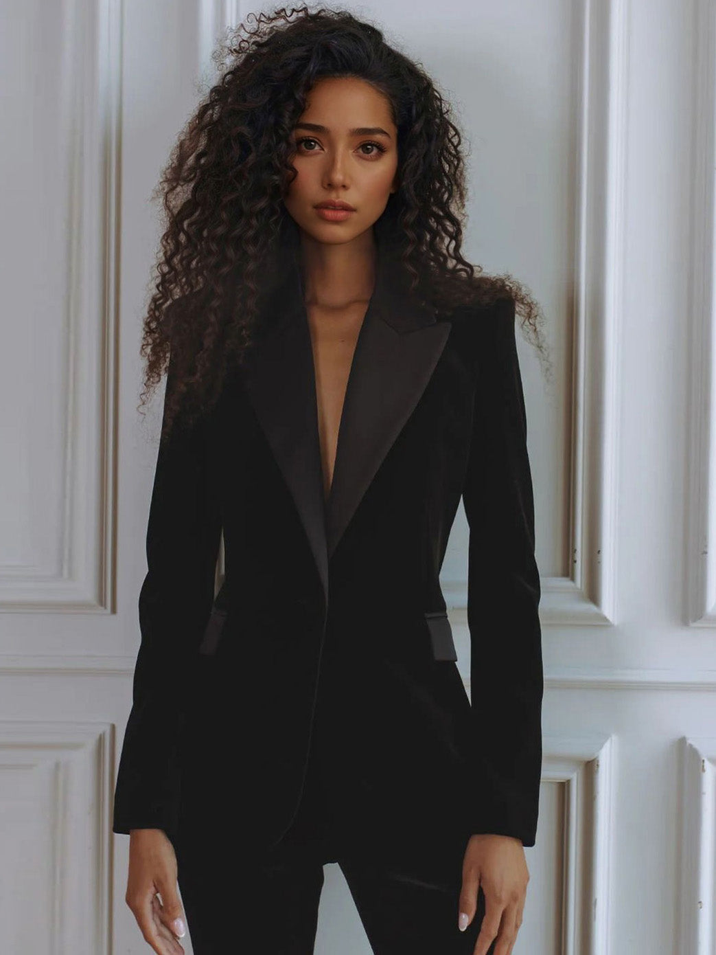 Women’s black velvet blazer with satin lapel trim, notched collar and buttoned front