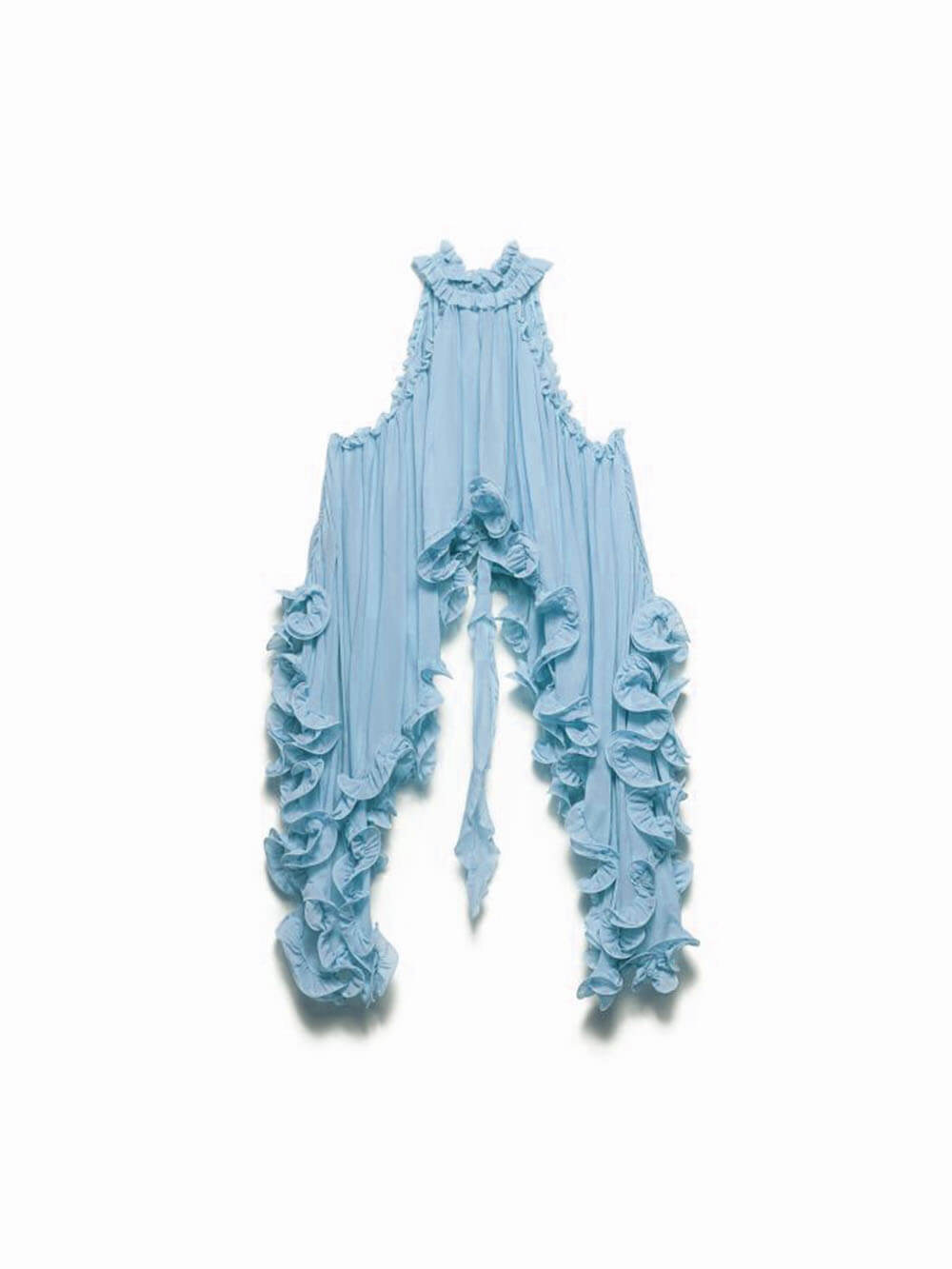 Chiffon ruffle mini skirt with 3D floral appliqué and asymmetrical hem in light blue