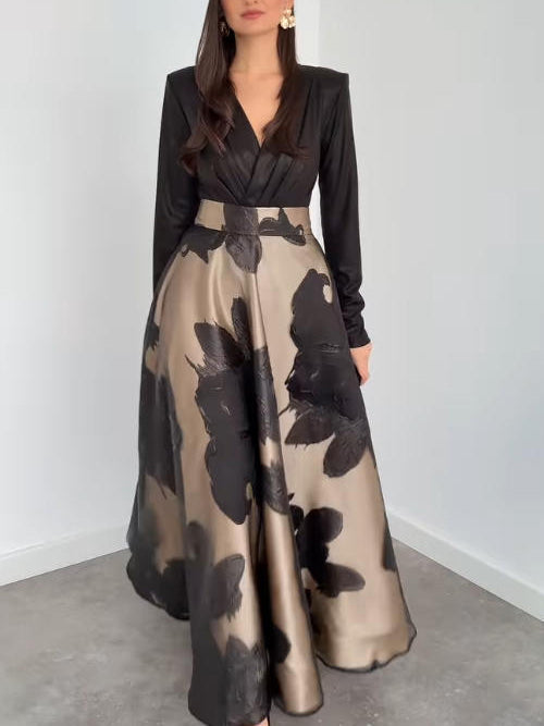 Black organza long-sleeve V-neck maxi dress with belt, A-line skirt and floral pattern