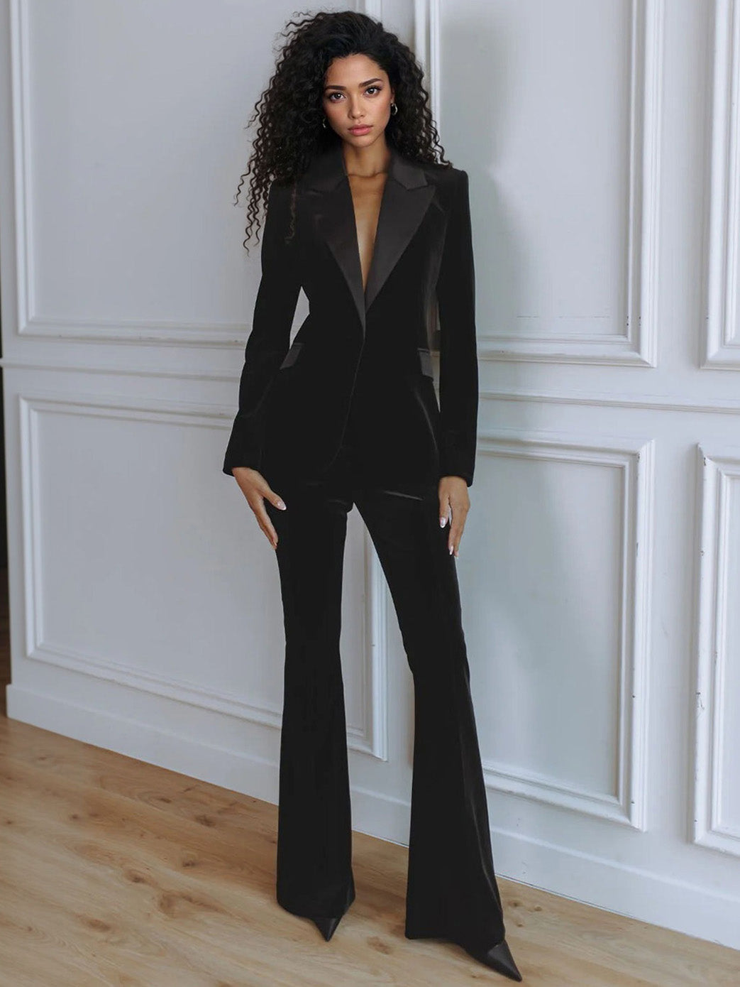 Women’s black velvet blazer with satin lapel trim, tailored fit and flared trouser legs