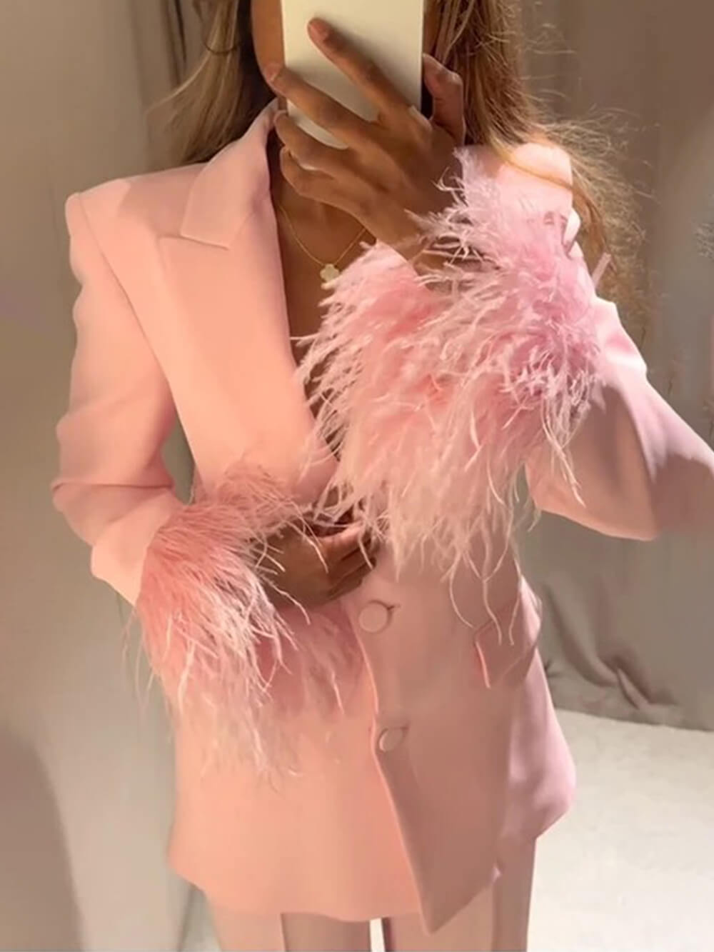 Pink crepe single-breasted blazer with feather-trim cuffs and flap pockets