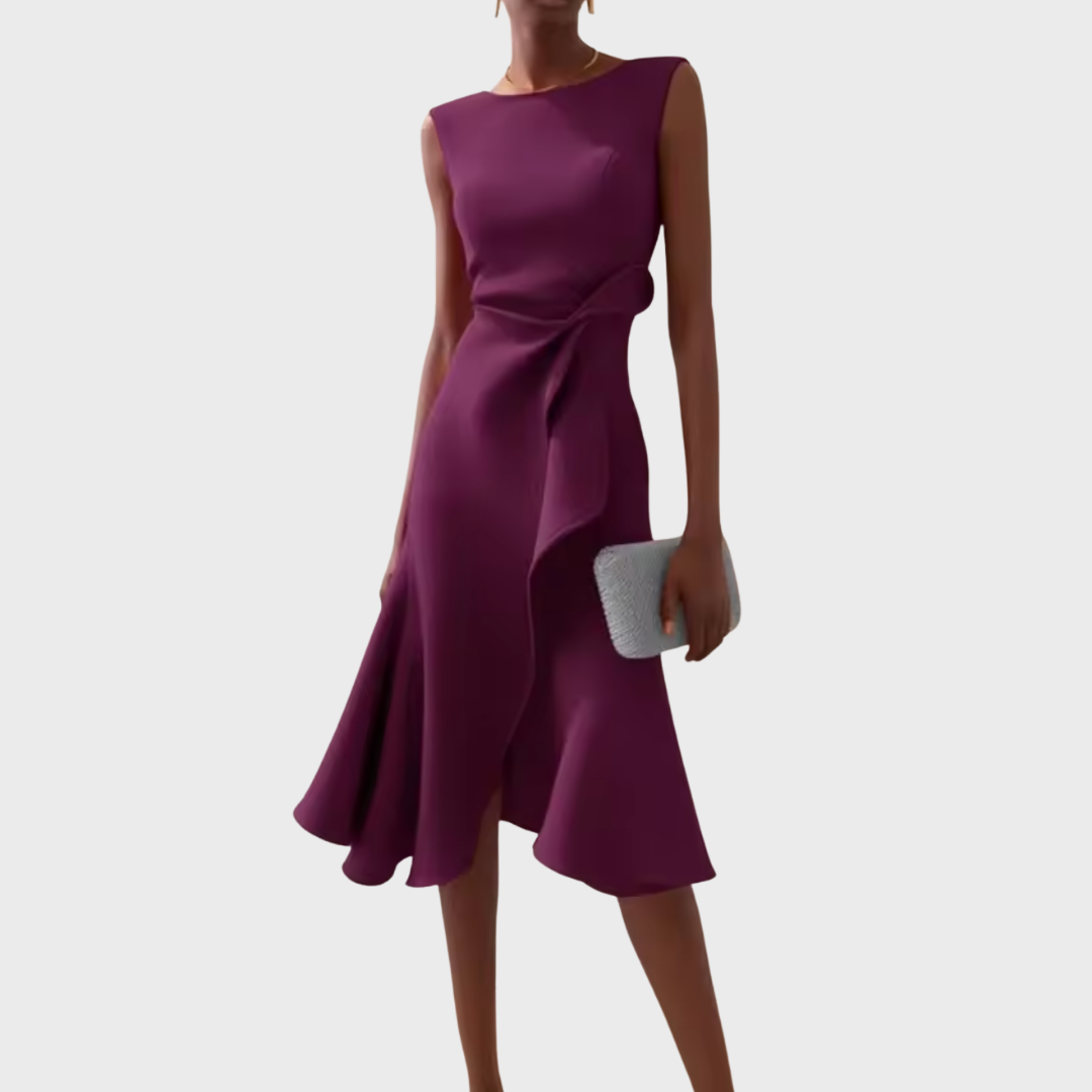 Burgundy sleeveless crepe midi dress with draped waist and asymmetric ruffle hem