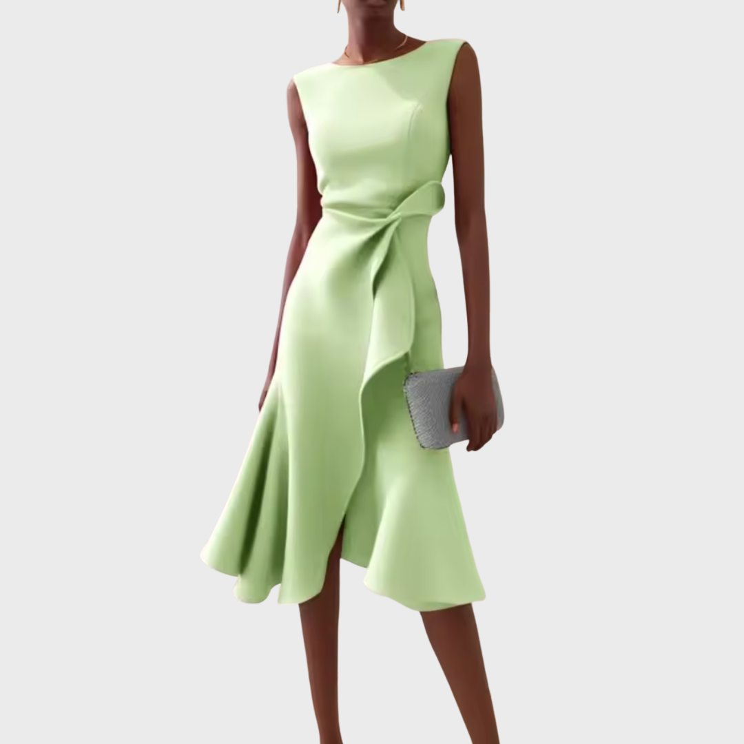 Light green sleeveless crepe midi dress with draped waist and asymmetric ruffle hem