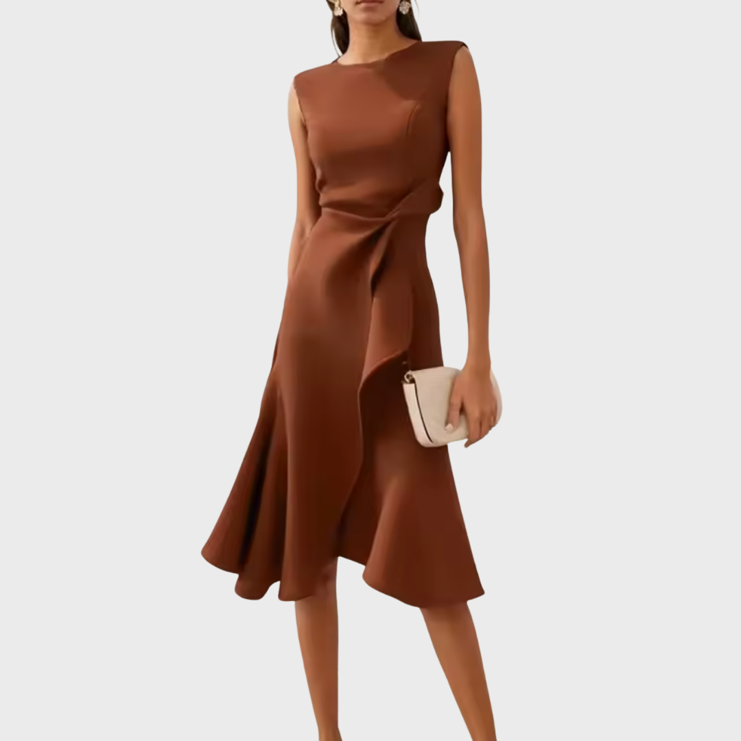 Coffee brown sleeveless crepe midi dress with draped waist and asymmetric ruffle hem