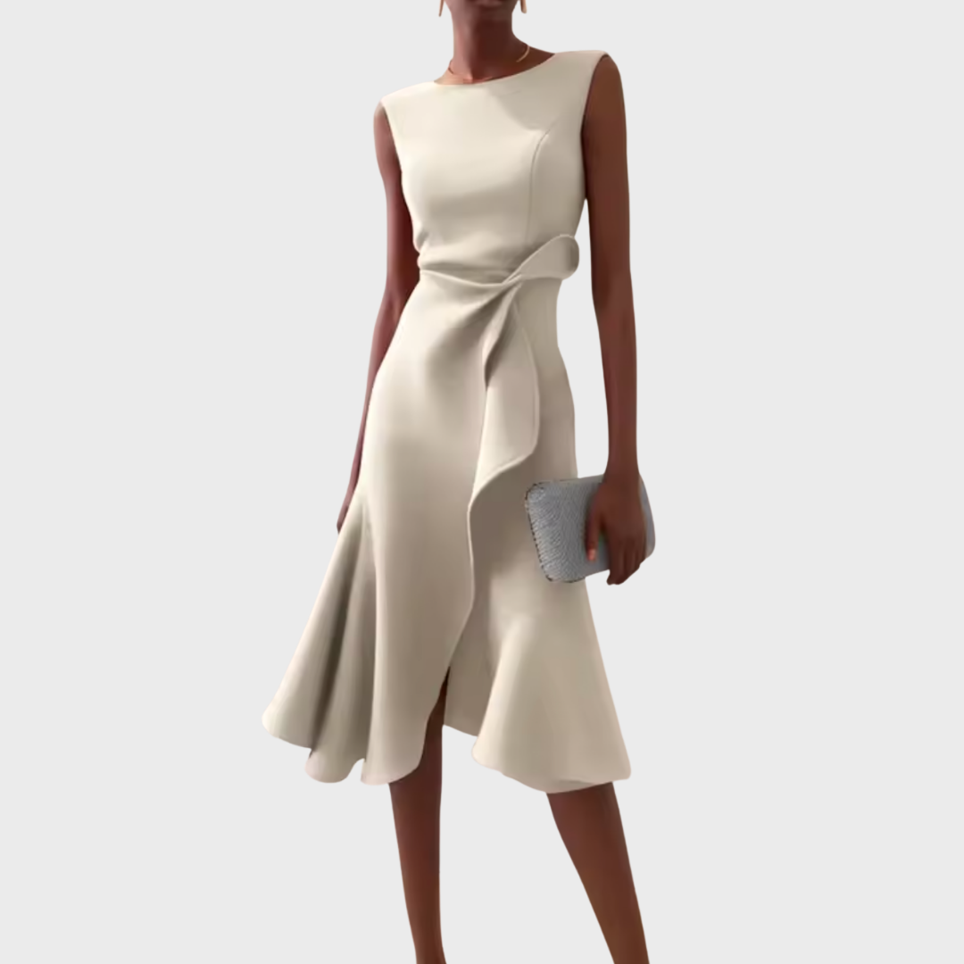 Cream sleeveless crepe midi dress with draped waist and asymmetric ruffle hem
