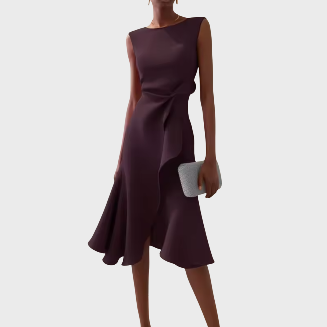 Sleeveless draped midi dress with asymmetric ruffle and round neck, burgundy