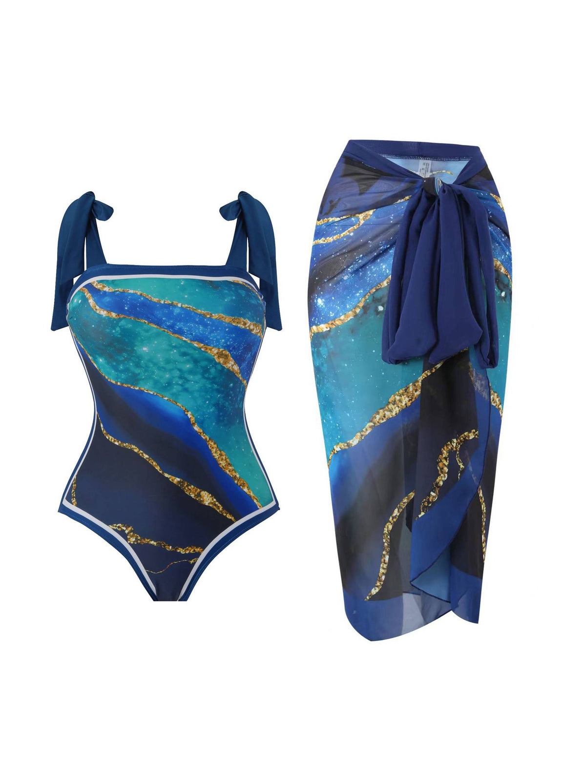 Dark blue one-piece swimsuit with tie straps and gold print; wrap sarong set