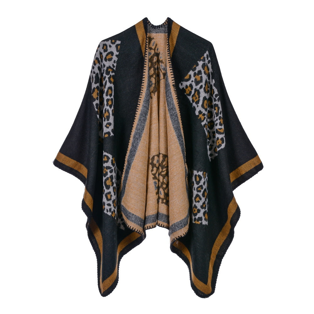 Black leopard cashmere scarf cape with tan trim and layered drape opening