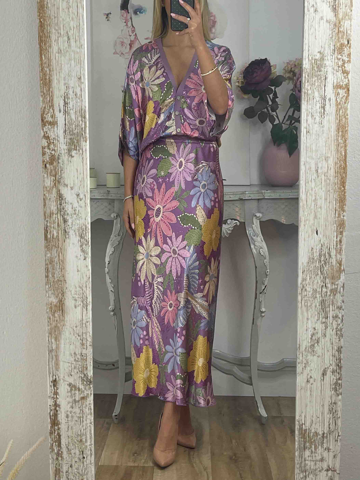 Floral satin midi skirt, purple floral print with fitted high waist and bias cut