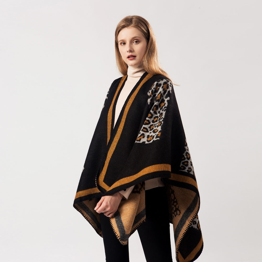 Black leopard-pattern cashmere cape scarf with tan edging and open drape