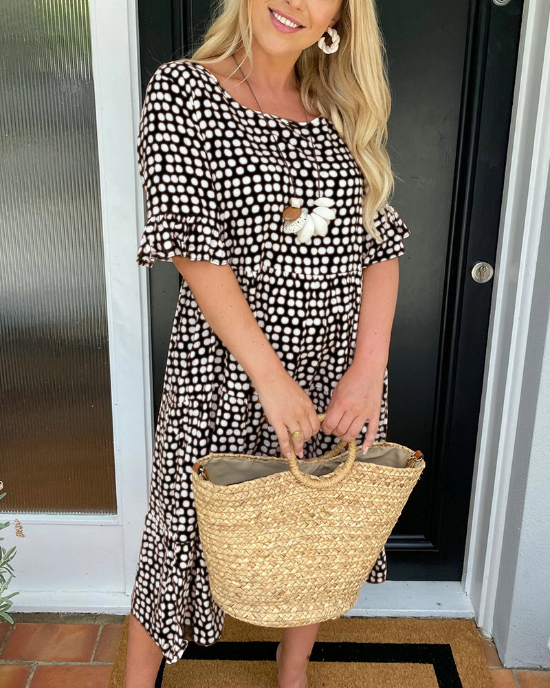 Black polka-dot viscose midi dress with smocked waist and flutter sleeves