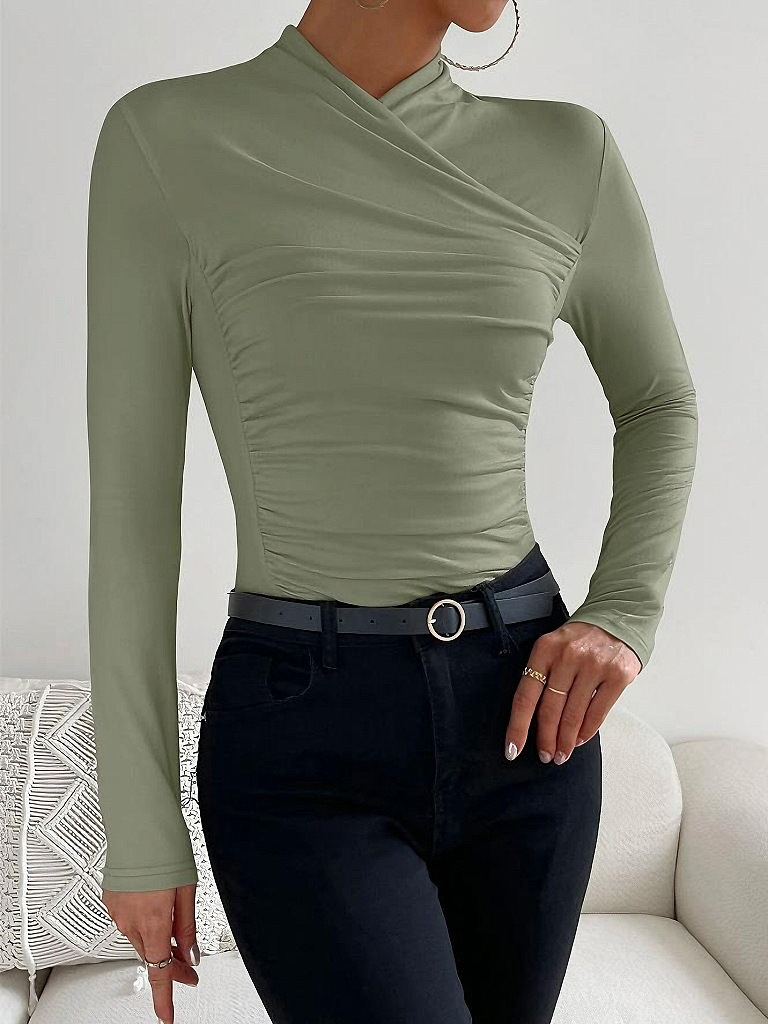 Sage green viscose mock neck long-sleeve top with ruched crossover wrap front