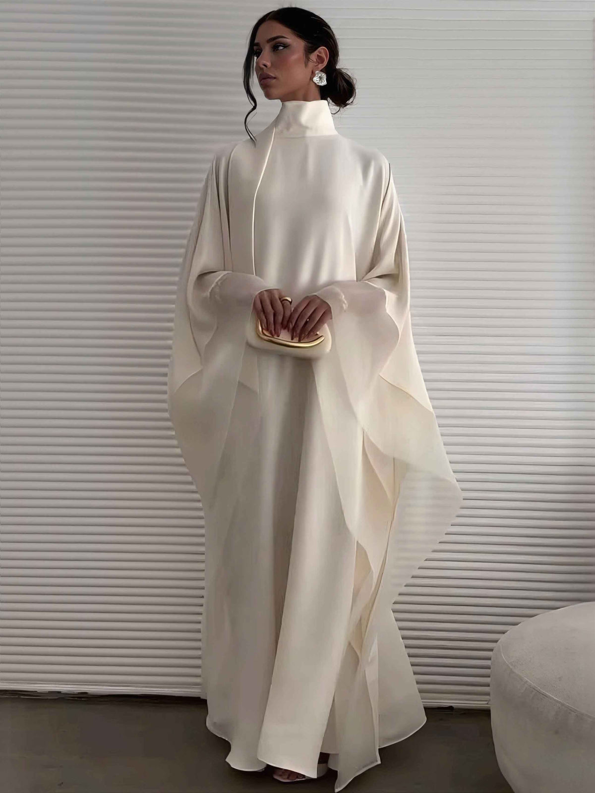 Cream satin high-neck kaftan maxi dress with batwing sleeves and draped waist tie