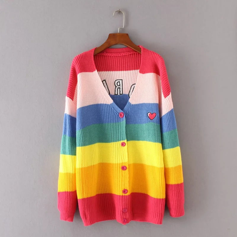 Rainbow striped knit cardigan with V-neck, button front, and red cuffs